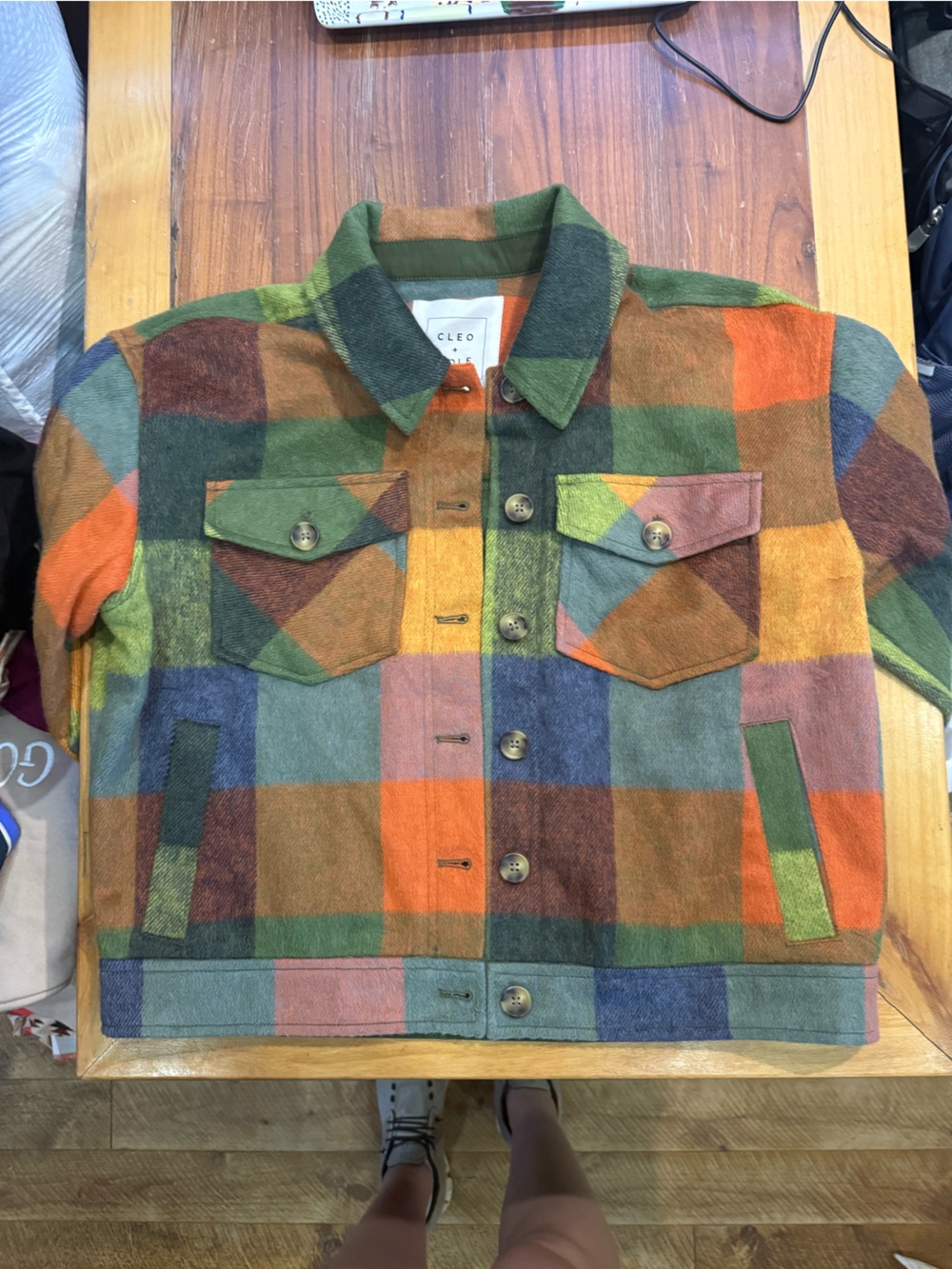cleo Multicolor Patchwork Plaid Utility Jacket - Green Orange Brown Blue